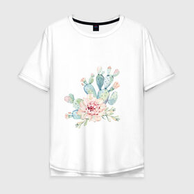 Мужская футболка хлопок Oversize с принтом цветущий кактус акварель в Новосибирске, 100% хлопок | свободный крой, круглый ворот, “спинка” длиннее передней части | акварель | акварельный | весна | кактус | мило | природа | растение | рисунок | суккулент | цветение | цветок | цветущий