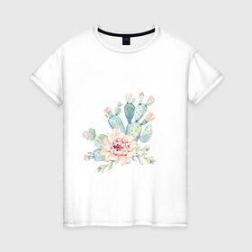 Женская футболка хлопок с принтом цветущий кактус акварель в Новосибирске, 100% хлопок | прямой крой, круглый вырез горловины, длина до линии бедер, слегка спущенное плечо | акварель | акварельный | весна | кактус | мило | природа | растение | рисунок | суккулент | цветение | цветок | цветущий
