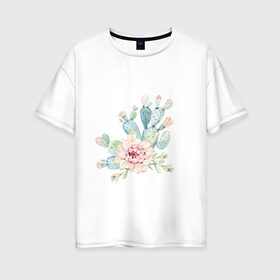 Женская футболка хлопок Oversize с принтом цветущий кактус акварель в Новосибирске, 100% хлопок | свободный крой, круглый ворот, спущенный рукав, длина до линии бедер
 | акварель | акварельный | весна | кактус | мило | природа | растение | рисунок | суккулент | цветение | цветок | цветущий