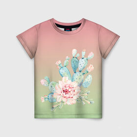 Детская футболка 3D с принтом суккулент градиент в Новосибирске, 100% гипоаллергенный полиэфир | прямой крой, круглый вырез горловины, длина до линии бедер, чуть спущенное плечо, ткань немного тянется | акварель | акварельный | весна | кактус | мило | природа | растение | рисунок | суккулент | сукулент | цветение | цветок | цветущий | цветы