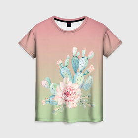 Женская футболка 3D с принтом суккулент градиент в Новосибирске, 100% полиэфир ( синтетическое хлопкоподобное полотно) | прямой крой, круглый вырез горловины, длина до линии бедер | акварель | акварельный | весна | кактус | мило | природа | растение | рисунок | суккулент | сукулент | цветение | цветок | цветущий | цветы
