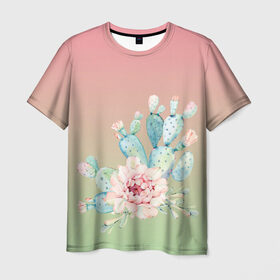 Мужская футболка 3D с принтом суккулент градиент в Новосибирске, 100% полиэфир | прямой крой, круглый вырез горловины, длина до линии бедер | Тематика изображения на принте: акварель | акварельный | весна | кактус | мило | природа | растение | рисунок | суккулент | сукулент | цветение | цветок | цветущий | цветы