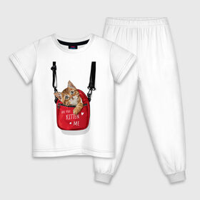 Детская пижама хлопок с принтом Are you kitten(kidding) me? в Новосибирске, 100% хлопок |  брюки и футболка прямого кроя, без карманов, на брюках мягкая резинка на поясе и по низу штанин
 | Тематика изображения на принте: кот | котик | милый | рюкзак | слова | фраза | хипстер