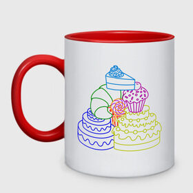 Кружка двухцветная с принтом Пищевая пирамида (сладкая) в Новосибирске, керамика | объем — 330 мл, диаметр — 80 мм. Цветная ручка и кайма сверху, в некоторых цветах — вся внутренняя часть | вкуснятина | глазурь | кекс | круассан | кусок торта | кусочек торта | леденец | лолипоп | маффин | пирамида | пищевая | сладкая | торт | тортик