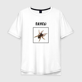 Мужская футболка хлопок Oversize с принтом Паукъ в Новосибирске, 100% хлопок | свободный крой, круглый ворот, “спинка” длиннее передней части | Тематика изображения на принте: абстракция | бред | жак фреско | жуки | насекомое | паук | пауки | паучок | странная надпись | тараканы | тупость