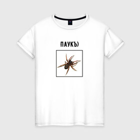 Женская футболка хлопок с принтом Паукъ в Новосибирске, 100% хлопок | прямой крой, круглый вырез горловины, длина до линии бедер, слегка спущенное плечо | абстракция | бред | жак фреско | жуки | насекомое | паук | пауки | паучок | странная надпись | тараканы | тупость