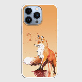 Чехол для iPhone 13 Pro с принтом акварельная лиса  задумчивости в Новосибирске,  |  | fox | акварель | акварельный | брызги | градиент | думы | зверек | краска | лис | лиса | лисенок | лисичка | листики | листья | мысли | обрыв | оранжевый | осень | потеки | рисунок | смотрит вдаль