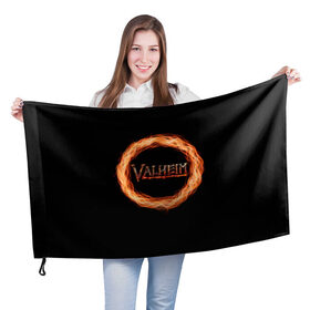 Флаг 3D с принтом Valheim - огненный круг в Новосибирске, 100% полиэстер | плотность ткани — 95 г/м2, размер — 67 х 109 см. Принт наносится с одной стороны | valheim | вальхейм | викинги | игра | компьютерный | круг | логотип | минимализм | огненный | огонь | подарок | черный