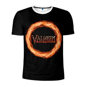 Мужская футболка 3D спортивная с принтом Valheim - огненный круг в Новосибирске, 100% полиэстер с улучшенными характеристиками | приталенный силуэт, круглая горловина, широкие плечи, сужается к линии бедра | valheim | вальхейм | викинги | игра | компьютерный | круг | логотип | минимализм | огненный | огонь | подарок | черный