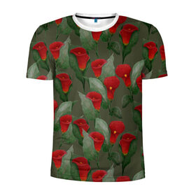 Мужская футболка 3D спортивная с принтом Каллы на зеленом фоне в Новосибирске, 100% полиэстер с улучшенными характеристиками | приталенный силуэт, круглая горловина, широкие плечи, сужается к линии бедра | 8 марта | flowers | march 8 | spring | ботаническая иллюстрация | весна | день рождения | зеленый | каллы | красный | лето | любовь | праздник | принт | природа | растения | цветы