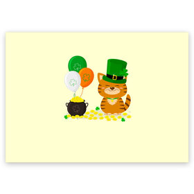 Поздравительная открытка с принтом Ирландский Кот в Новосибирске, 100% бумага | плотность бумаги 280 г/м2, матовая, на обратной стороне линовка и место для марки
 | день святого патрика | ирландия | ирландский | ирландский клевер | ирландский кот | клевер | кот | патрик | с котом | святой патрик
