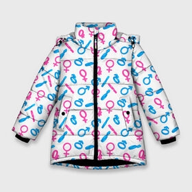 Зимняя куртка для девочек 3D с принтом Гендерные Символы в Новосибирске, ткань верха — 100% полиэстер; подклад — 100% полиэстер, утеплитель — 100% полиэстер. | длина ниже бедра, удлиненная спинка, воротник стойка и отстегивающийся капюшон. Есть боковые карманы с листочкой на кнопках, утяжки по низу изделия и внутренний карман на молнии. 

Предусмотрены светоотражающий принт на спинке, радужный светоотражающий элемент на пуллере молнии и на резинке для утяжки. | Тематика изображения на принте: love | амур | афродита | валентинка | венера | вторая половинка | гендерные | гламур | купидон | любовь | марс | отношения | подарок любви | поцелуй | праздник любви | романтика | свидание | сердечки