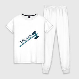 Женская пижама хлопок с принтом Valheim тёмное лого с секирой в Новосибирске, 100% хлопок | брюки и футболка прямого кроя, без карманов, на брюках мягкая резинка на поясе и по низу штанин | p2p | pvp | valheim | валхейм | викинг | викинги | выживание | градиент | лого | песочница | сага | секира | скандинавы | сурвайвал | тёмный