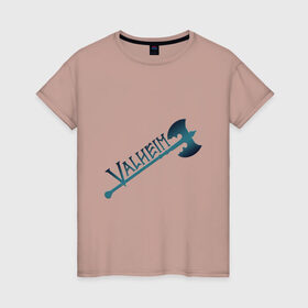 Женская футболка хлопок с принтом Valheim тёмное лого с секирой в Новосибирске, 100% хлопок | прямой крой, круглый вырез горловины, длина до линии бедер, слегка спущенное плечо | p2p | pvp | valheim | валхейм | викинг | викинги | выживание | градиент | лого | песочница | сага | секира | скандинавы | сурвайвал | тёмный