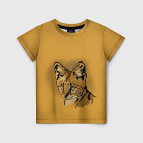 Детская футболка 3D с принтом Сервал в Новосибирске, 100% гипоаллергенный полиэфир | прямой крой, круглый вырез горловины, длина до линии бедер, чуть спущенное плечо, ткань немного тянется | африка | графика | дикий мир | животное | кошка | персонаж | природа | рисунок | хищник