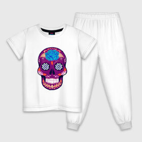 Детская пижама хлопок с принтом Skull Art в Новосибирске, 100% хлопок |  брюки и футболка прямого кроя, без карманов, на брюках мягкая резинка на поясе и по низу штанин
 | art | body | bones | dead | drawing | face | graffiti | head | roses | skeleton | skul | skull | ад | арт | голова | граффити | зло | кости | лицо | металл | нарисованный | розы | рок | скелет | скул | скулл | три черепа | тьма