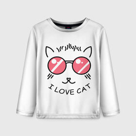 Детский лонгслив 3D с принтом I Love cat (я люблю котов) в Новосибирске, 100% полиэстер | длинные рукава, круглый вырез горловины, полуприлегающий силуэт
 | 8 марта | cat | i love you | kiss | love | губы | девушке | день влюбленных | зубы | киса | кот | котик | коты | люблю котов | любовь | любтмой | марта | очки | поцелуй | розовые губы | розовый | страсть | течет