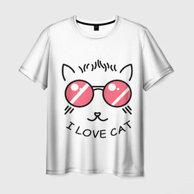 Мужская футболка 3D с принтом I Love cat (я люблю котов) в Новосибирске, 100% полиэфир | прямой крой, круглый вырез горловины, длина до линии бедер | 8 марта | cat | i love you | kiss | love | губы | девушке | день влюбленных | зубы | киса | кот | котик | коты | люблю котов | любовь | любтмой | марта | очки | поцелуй | розовые губы | розовый | страсть | течет