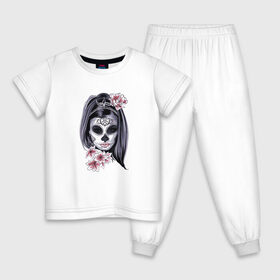 Детская пижама хлопок с принтом Skull Girl в Новосибирске, 100% хлопок |  брюки и футболка прямого кроя, без карманов, на брюках мягкая резинка на поясе и по низу штанин
 | art | body | bones | dead | drawing | face | graffiti | head | roses | skeleton | skul | skull | ад | арт | голова | граффити | зло | кости | лицо | металл | нарисованный | розы | рок | скелет | скул | скулл | три черепа | тьма