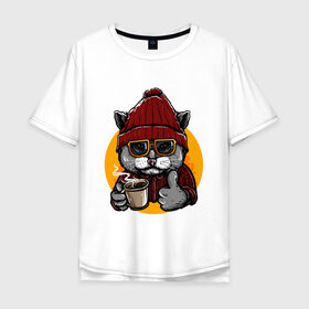 Мужская футболка хлопок Oversize с принтом Кот с кофе в Новосибирске, 100% хлопок | свободный крой, круглый ворот, “спинка” длиннее передней части | кот | кофе | очки | рубашка | солнце | стиль | уличный | хипстер | шапка
