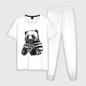 Мужская пижама хлопок с принтом Задержанный панда в Новосибирске, 100% хлопок | брюки и футболка прямого кроя, без карманов, на брюках мягкая резинка на поясе и по низу штанин
 | Тематика изображения на принте: бандит | медведь | опасный | панда | преступник | хипстер | хулиган