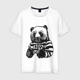 Мужская футболка хлопок с принтом Задержанный панда в Новосибирске, 100% хлопок | прямой крой, круглый вырез горловины, длина до линии бедер, слегка спущенное плечо. | бандит | медведь | опасный | панда | преступник | хипстер | хулиган