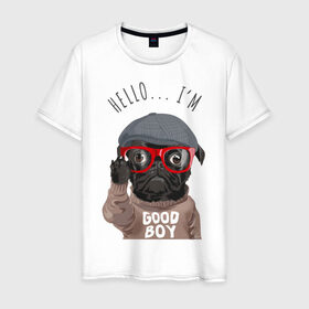 Мужская футболка хлопок с принтом Хороший мальчик в Новосибирске, 100% хлопок | прямой крой, круглый вырез горловины, длина до линии бедер, слегка спущенное плечо. | кепка | мальчик | мопс | очки | пёс | собака | хипстер | хороший