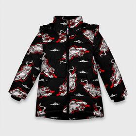 Зимняя куртка для девочек 3D с принтом Японский стиль - тигры в Новосибирске, ткань верха — 100% полиэстер; подклад — 100% полиэстер, утеплитель — 100% полиэстер. | длина ниже бедра, удлиненная спинка, воротник стойка и отстегивающийся капюшон. Есть боковые карманы с листочкой на кнопках, утяжки по низу изделия и внутренний карман на молнии. 

Предусмотрены светоотражающий принт на спинке, радужный светоотражающий элемент на пуллере молнии и на резинке для утяжки. | Тематика изображения на принте: арт | животные | облака | огонь | пламя | рисунок | стиль | тигр | японский