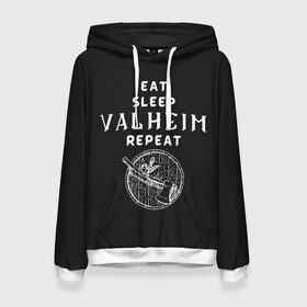 Женская толстовка 3D с принтом Eat Sleep Valheim Repeat в Новосибирске, 100% полиэстер  | двухслойный капюшон со шнурком для регулировки, мягкие манжеты на рукавах и по низу толстовки, спереди карман-кенгуру с мягким внутренним слоем. | elder | loki | odin | the | thor | valheim | биврёст | валхейм | вальхейм | викинги | всеотец | дракар | древний | древо | ётун | йотун | локи | мира | один | тор | фенир | хель | черный лес | эйктюр