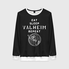 Женский свитшот 3D с принтом Eat Sleep Valheim Repeat в Новосибирске, 100% полиэстер с мягким внутренним слоем | круглый вырез горловины, мягкая резинка на манжетах и поясе, свободная посадка по фигуре | elder | loki | odin | the | thor | valheim | биврёст | валхейм | вальхейм | викинги | всеотец | дракар | древний | древо | ётун | йотун | локи | мира | один | тор | фенир | хель | черный лес | эйктюр