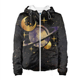 Женская куртка 3D с принтом Сатурн, луна, спутник и звезды в Новосибирске, ткань верха — 100% полиэстер, подклад — флис | прямой крой, подол и капюшон оформлены резинкой с фиксаторами, два кармана без застежек по бокам, один большой потайной карман на груди. Карман на груди застегивается на липучку | astronaut | cosmonaut | cosmos | earth | galaxy | moon | nasa | planet | saturn | space | star | universe | астрология | астронавт | вселенная | галактика | звезда | земля | компенсаторика | космонавт | космос | луна | марс | наса | нло | планета