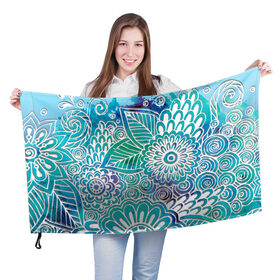Флаг 3D с принтом цветочный узор в Новосибирске, 100% полиэстер | плотность ткани — 95 г/м2, размер — 67 х 109 см. Принт наносится с одной стороны | белый | бирюзовый | градиент | дудлинг | зеленый | рисунок | синий | узор | цветочный | цветы