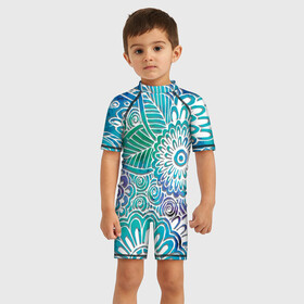 Детский купальный костюм 3D с принтом цветочный узор в Новосибирске, Полиэстер 85%, Спандекс 15% | застежка на молнии на спине | белый | бирюзовый | градиент | дудлинг | зеленый | рисунок | синий | узор | цветочный | цветы