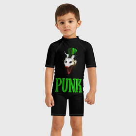 Детский купальный костюм 3D с принтом punky trashcat в Новосибирске, Полиэстер 85%, Спандекс 15% | застежка на молнии на спине | punk. | trashcat | животные | ирокез | опоссум | панк