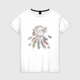Женская футболка хлопок с принтом Лунный ловец в Новосибирске, 100% хлопок | прямой крой, круглый вырез горловины, длина до линии бедер, слегка спущенное плечо | защита | ловец снов | луна | магия | месяц | перья | сны