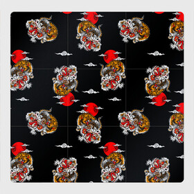 Магнитный плакат 3Х3 с принтом Японский стиль - тигры в Новосибирске, Полимерный материал с магнитным слоем | 9 деталей размером 9*9 см | Тематика изображения на принте: арт | животные | облака | огонь | пламя | рисунок | стиль | тигр | японский
