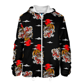 Мужская куртка 3D с принтом Японский стиль - тигры в Новосибирске, ткань верха — 100% полиэстер, подклад — флис | прямой крой, подол и капюшон оформлены резинкой с фиксаторами, два кармана без застежек по бокам, один большой потайной карман на груди. Карман на груди застегивается на липучку | Тематика изображения на принте: арт | животные | облака | огонь | пламя | рисунок | стиль | тигр | японский