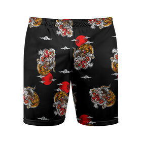 Мужские шорты спортивные с принтом Японский стиль - тигры в Новосибирске,  |  | Тематика изображения на принте: арт | животные | облака | огонь | пламя | рисунок | стиль | тигр | японский