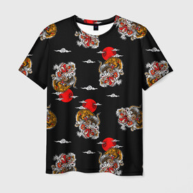 Мужская футболка 3D с принтом Японский стиль - тигры в Новосибирске, 100% полиэфир | прямой крой, круглый вырез горловины, длина до линии бедер | арт | животные | облака | огонь | пламя | рисунок | стиль | тигр | японский