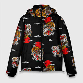 Мужская зимняя куртка 3D с принтом Японский стиль - тигры в Новосибирске, верх — 100% полиэстер; подкладка — 100% полиэстер; утеплитель — 100% полиэстер | длина ниже бедра, свободный силуэт Оверсайз. Есть воротник-стойка, отстегивающийся капюшон и ветрозащитная планка. 

Боковые карманы с листочкой на кнопках и внутренний карман на молнии. | Тематика изображения на принте: арт | животные | облака | огонь | пламя | рисунок | стиль | тигр | японский