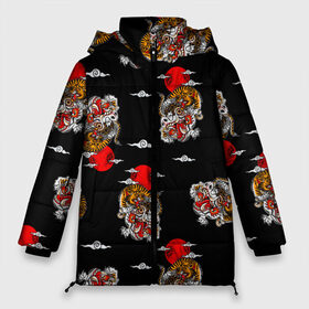 Женская зимняя куртка Oversize с принтом Японский стиль - тигры в Новосибирске, верх — 100% полиэстер; подкладка — 100% полиэстер; утеплитель — 100% полиэстер | длина ниже бедра, силуэт Оверсайз. Есть воротник-стойка, отстегивающийся капюшон и ветрозащитная планка. 

Боковые карманы с листочкой на кнопках и внутренний карман на молнии | Тематика изображения на принте: арт | животные | облака | огонь | пламя | рисунок | стиль | тигр | японский