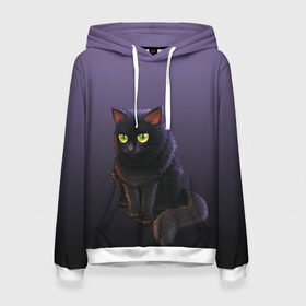 Женская толстовка 3D с принтом черный кот на фиолетовом в Новосибирске, 100% полиэстер  | двухслойный капюшон со шнурком для регулировки, мягкие манжеты на рукавах и по низу толстовки, спереди карман-кенгуру с мягким внутренним слоем. | Тематика изображения на принте: cat | kitten | большие глаза | глазища | градиент | дьявол | кот | котейка | котик | кошка | мрачный | мяу | персонаж | рисунок | фиолетовый | черный | шерсть
