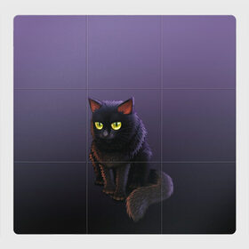 Магнитный плакат 3Х3 с принтом черный кот на фиолетовом в Новосибирске, Полимерный материал с магнитным слоем | 9 деталей размером 9*9 см | Тематика изображения на принте: cat | kitten | большие глаза | глазища | градиент | дьявол | кот | котейка | котик | кошка | мрачный | мяу | персонаж | рисунок | фиолетовый | черный | шерсть
