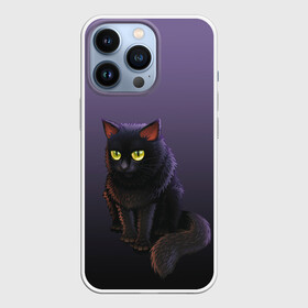Чехол для iPhone 13 Pro с принтом черный кот на фиолетовом в Новосибирске,  |  | cat | kitten | большие глаза | глазища | градиент | дьявол | кот | котейка | котик | кошка | мрачный | мяу | персонаж | рисунок | фиолетовый | черный | шерсть
