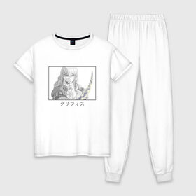 Женская пижама хлопок с принтом Гриффит в Новосибирске, 100% хлопок | брюки и футболка прямого кроя, без карманов, на брюках мягкая резинка на поясе и по низу штанин | berserk | griffith | аниме парень | длинные волосы | иероглифы | имя на японском | меч | черная рамка