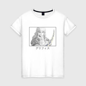 Женская футболка хлопок с принтом Гриффит в Новосибирске, 100% хлопок | прямой крой, круглый вырез горловины, длина до линии бедер, слегка спущенное плечо | berserk | griffith | аниме парень | длинные волосы | иероглифы | имя на японском | меч | черная рамка
