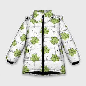 Зимняя куртка для девочек 3D с принтом Клевер на День святого Патрика в Новосибирске, ткань верха — 100% полиэстер; подклад — 100% полиэстер, утеплитель — 100% полиэстер. | длина ниже бедра, удлиненная спинка, воротник стойка и отстегивающийся капюшон. Есть боковые карманы с листочкой на кнопках, утяжки по низу изделия и внутренний карман на молнии. 

Предусмотрены светоотражающий принт на спинке, радужный светоотражающий элемент на пуллере молнии и на резинке для утяжки. | белый | день святого патрика | детский | зеленый | клевер | листик | минимализм | надпись | патрик | подарок | прикольная | смешной | удача | узор