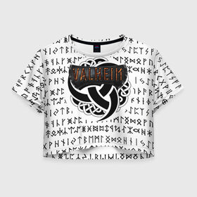 Женская футболка Crop-top 3D с принтом Valheim в Новосибирске, 100% полиэстер | круглая горловина, длина футболки до линии талии, рукава с отворотами | iron gate | викинги | руны | скандинавия | скандинавские боги
