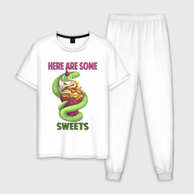 Мужская пижама хлопок с принтом Змеиные ссссладости в Новосибирске, 100% хлопок | брюки и футболка прямого кроя, без карманов, на брюках мягкая резинка на поясе и по низу штанин
 | snake | sweet | sweets | десерты | змея | сладкое
