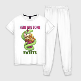 Женская пижама хлопок с принтом Змеиные ссссладости в Новосибирске, 100% хлопок | брюки и футболка прямого кроя, без карманов, на брюках мягкая резинка на поясе и по низу штанин | snake | sweet | sweets | десерты | змея | сладкое